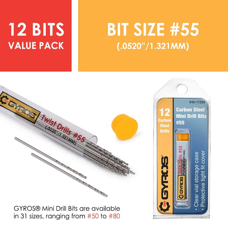 GYROS 12 PCS #55 Micro Drill Bit Set â€“ Small Drill Bits for Jewelry, Plastic, Resin, & Soft Metal â€“ Carbon Steel Wire Gauge Mini Twist Drill Bit Set for Pin Vise Hand Drill & Rotary Tool - Image 4